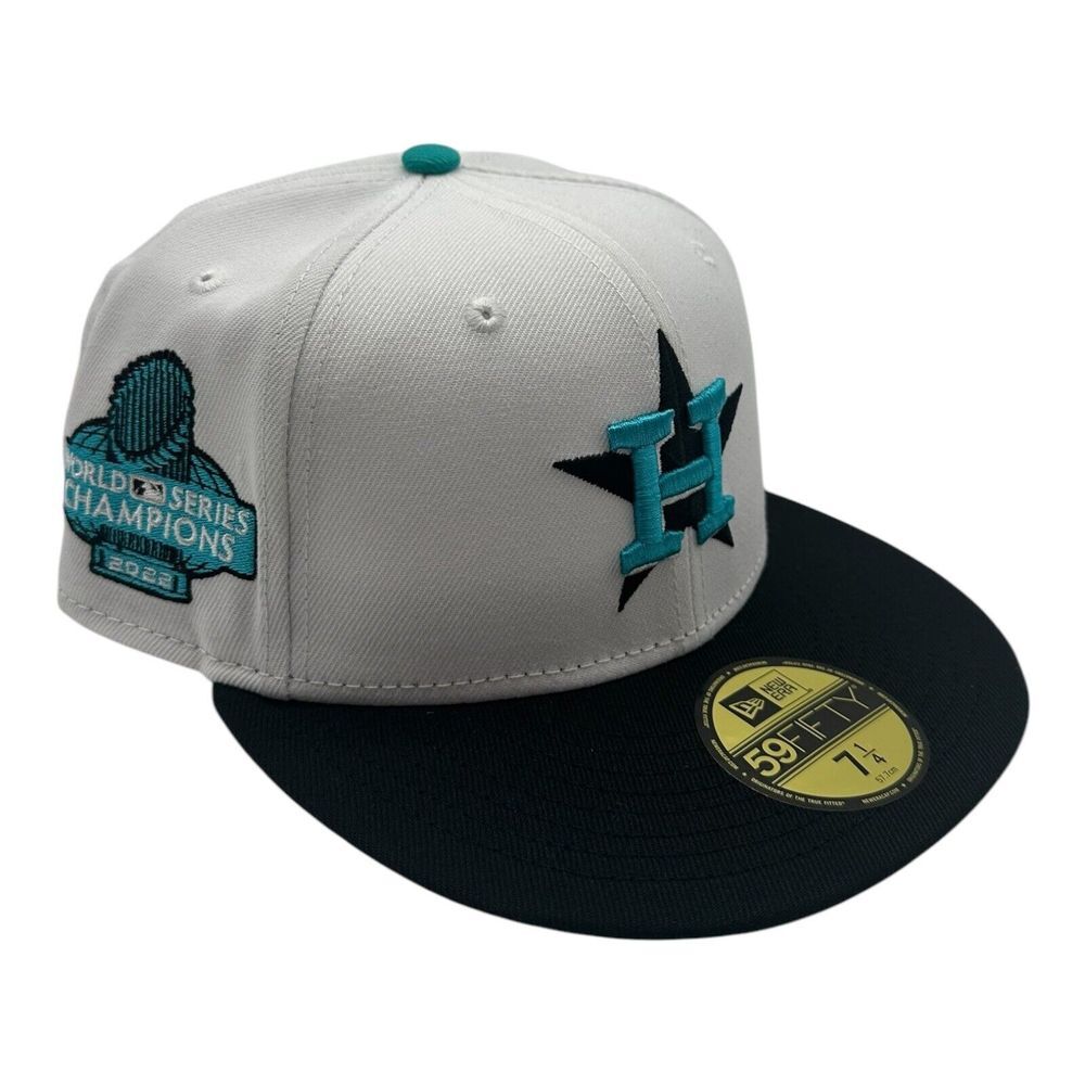 New Era 59Fifty Houston‎ Astros Hat Cap 7 1/4 White Teal 2022 World Series Patch
